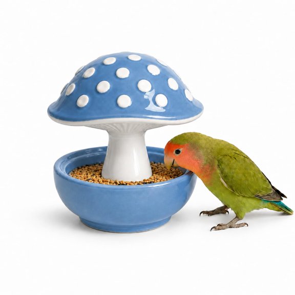Cute Mushroom Ceramic Bird Water Dispenser & Seed Bowl, Premium Glazed Anti-Dust Feeding Dish for Small Parrots, Conures, Hamsters, Heavy Duty Cage Accessory