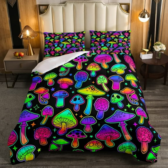 Cute Mushroom Comforter Set Queen,Colorful Stars Mushrooms Bedding Set Teal Purple Black Kawaii Bed Comforter Sets Teens Trippy Wild Botanical Plants Quilt Duvet 2 Pillowcases
