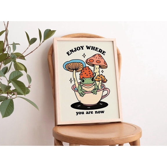 Cute Mushroom Cottagecore Cute Frog Prints Retro Wall Decor Unframed Paper Print