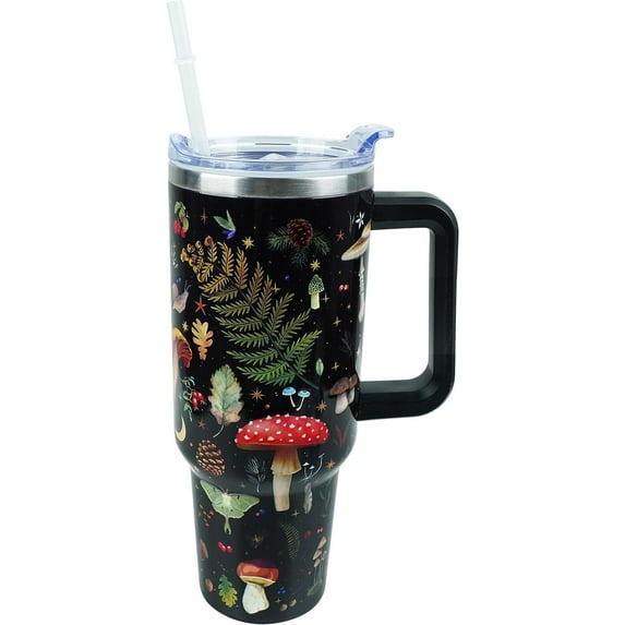Cute Mushroom Cup 40 oz Tumbler with Handle and Straw Lid Leak Proof, Coffee Travel Mug with Handle Insulated for Hot and Cold Drink Ice, Birthday Gifts for Women Mushroom Lovers Stainless Steel Cup