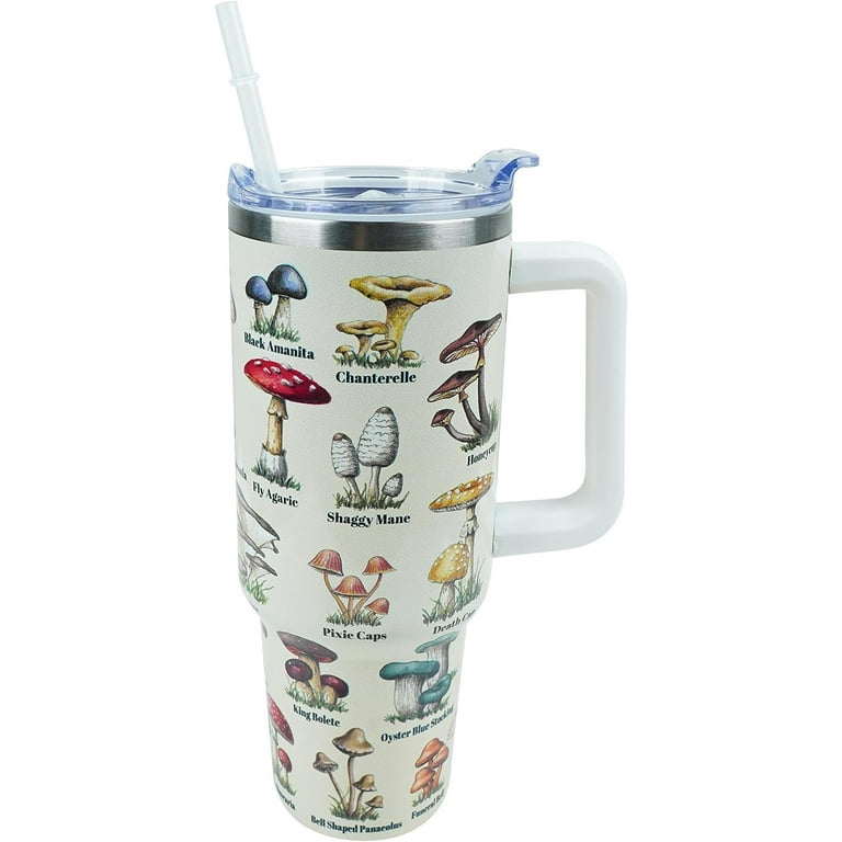 Cute Mushroom Cup 40 oz Tumbler with Handle and Straw Lid Leak Proof,  Coffee Travel Mug with Handle Insulated for Hot and Cold Drink Ice,  Birthday