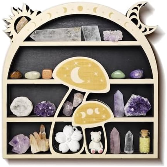 Cute Mushroom Floating Shelves, Wooden Crystal Display Shelf for Wall, Stone Holder Mushroom Home Decor, Crescent Moon Phase Art Collection Hanging Display Shelf for Bathroom Kitchen