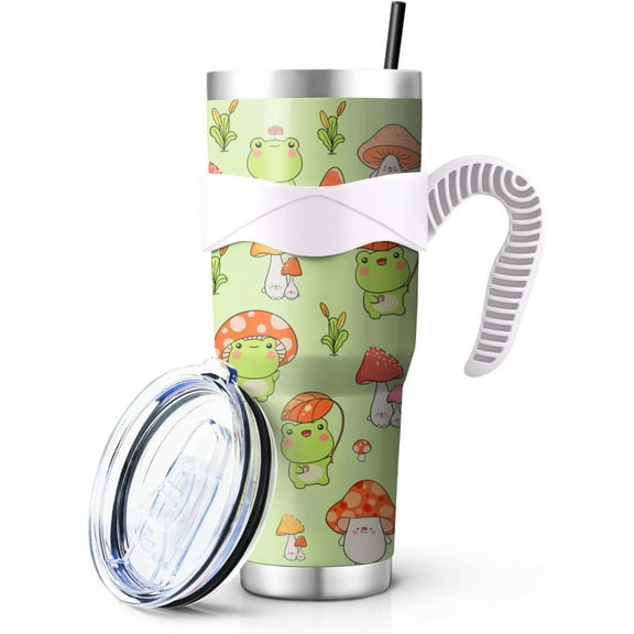 Cute Mushroom Frog 40 Oz Tumbler with Handle and Straw, Green Frog Large Big Stainless Steel Vacuum Insulated Tumbler Iced Coffee Cup Travel Mug, Frog Gifts for Women Decor