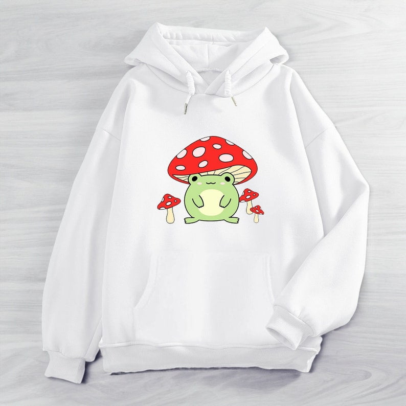 Cute Mushroom Frog Hoodie, Soft Comfortable Pullover