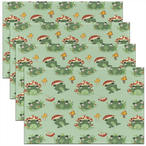 Cute Mushroom Frog Placemats Set of 4 18"x12" Animals Table Place Mats, Decor Kawaii Fungus Placemat for Kitchen Dining Table Decor Indoor Outdoor Green