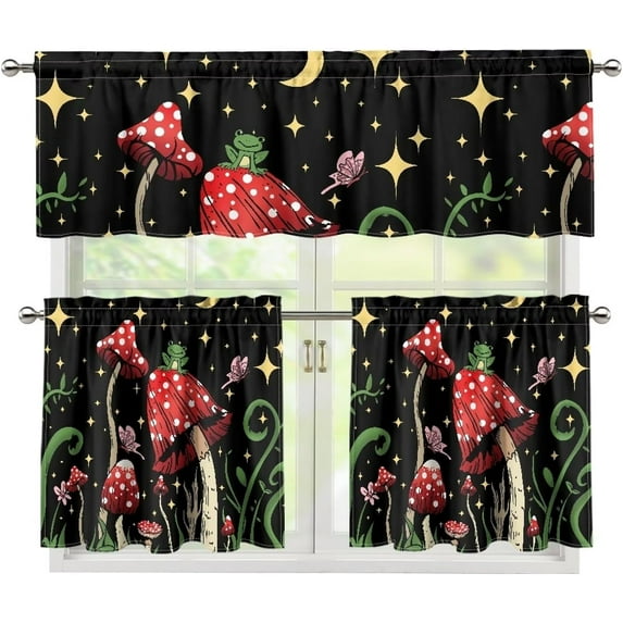 Cute Mushroom Frog Window Curtain for Kids Adult Bedroom Decor,Blackout Room Valance and Tier Curtains 3 Pcs Set S