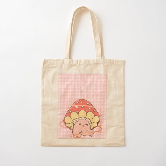 Cute Mushroom Gingham Happy Cotton Tote Bag Canvas Tote Bag, Family Gift For Mother, Her