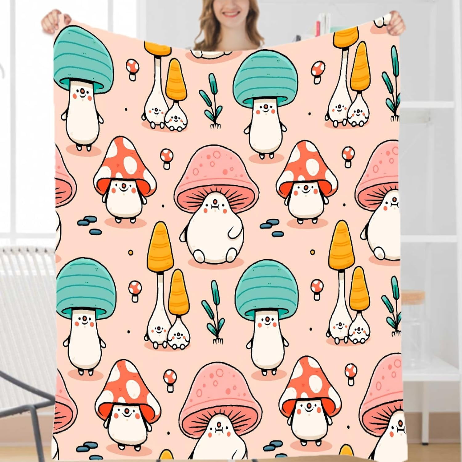 Cute Mushroom Head Soft Blanket All Season Throw Blanket Fleece