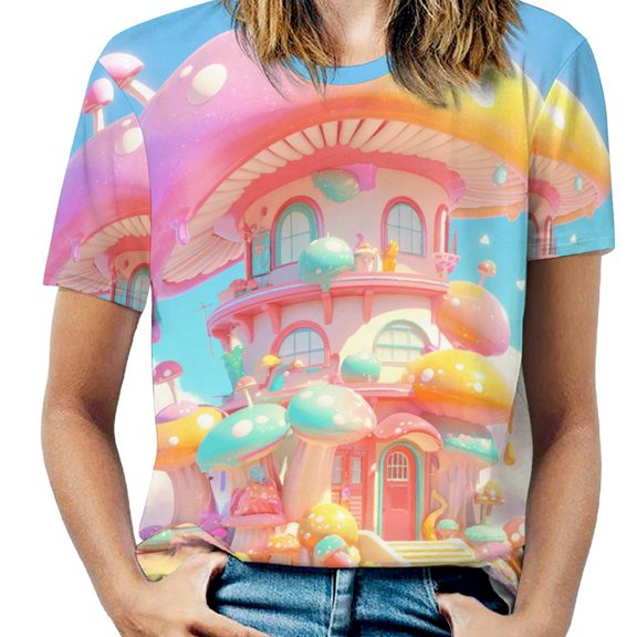 Cute Mushroom House Women's Short Sleeve T-Shirt Crew Neck Casual Summer Trendy Loose Fit Tops