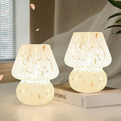 Cute Mushroom Lamp Small Bedside Table Lamp Set of 2 Stepless Dimmable, Translucent Glass White Nightstand Lamp for Bedroom Dorm Kids Room Living Kitchen, Murano Aesthetic Home Decor