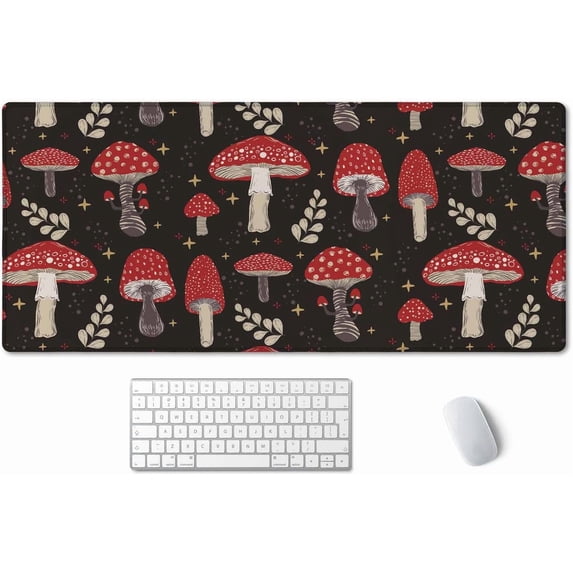 Cute Mushroom Pattern Desk Mat, Extended Mouse Pad, Large Gaming Mouse Pad 35.4" X 15.7", Waterproof Desk Mat Stitched Edges, Non-Slip Laptop Computer Keyboard Mousepad for Office and Home