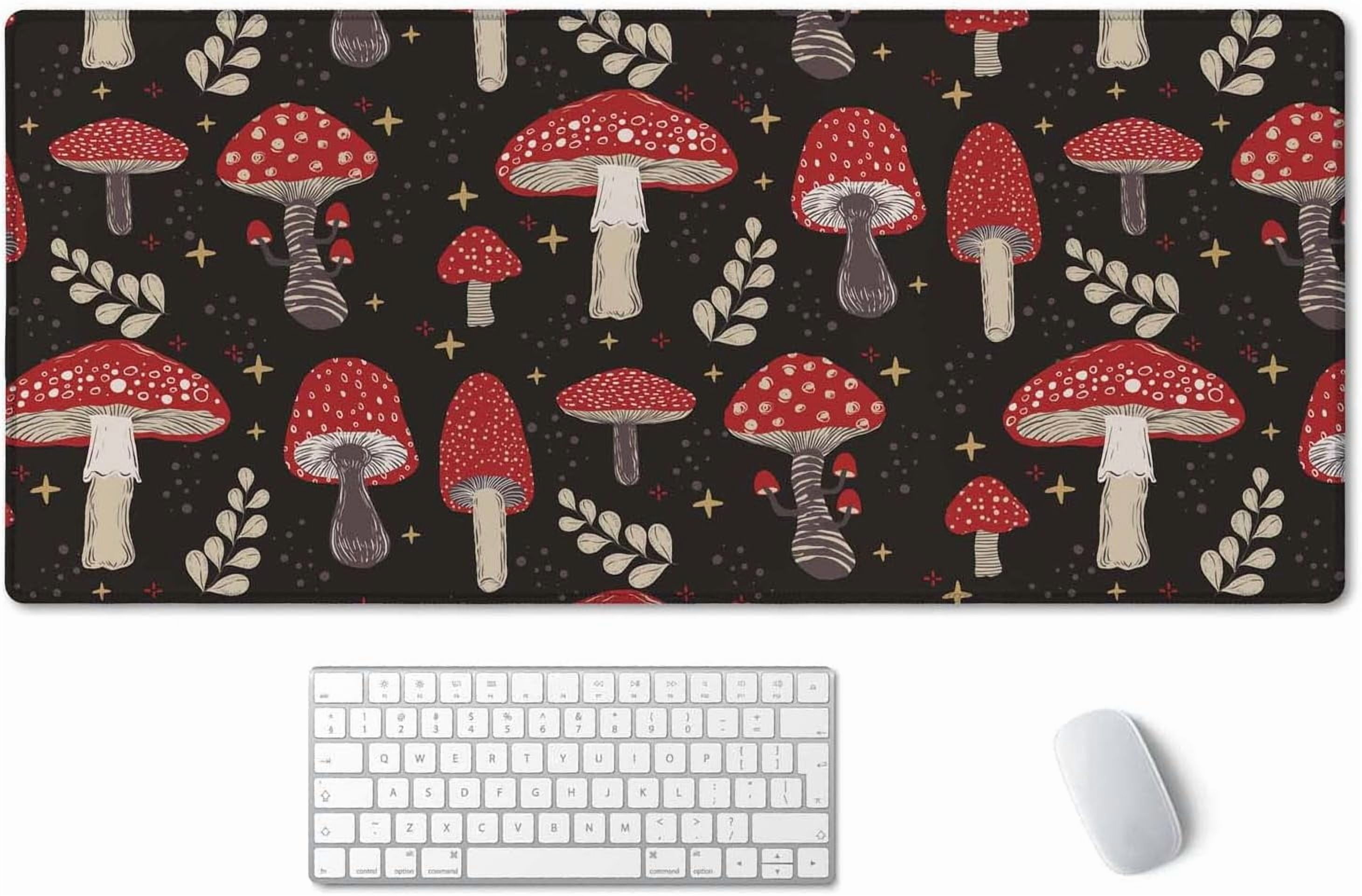 Cute Mushroom Pattern Desk Mat, Extended Mouse Pad, Large Gaming Mouse Pad 35.5" X 15.7", Waterproof Desk Mat Stitched Edges, Non-Slip Laptop Computer Keyboard Mousepad for Office and Home