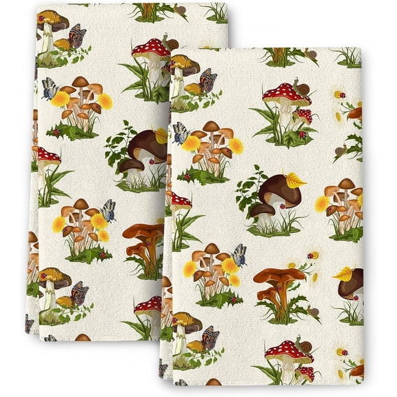 Mushroom Butterfly Boho Kitchen Towel Set of 2, 16 x 24 inches, Absorbent, Beige, with Hanging Loop