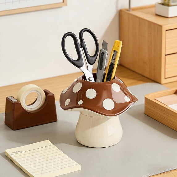 Cute Mushroom Shaped Pen Holder Desktop Stationery Organizer and Makeup Brush Stand Creative Whimsical Decor for Campus Office and Home Vanity