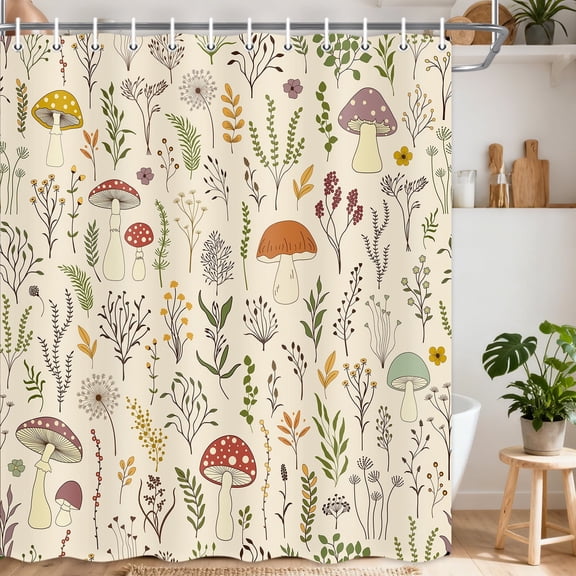 Cute Mushroom Shower Curtain, Boho Floral Botanical Green Leaves Bathtub Curtain, Retro Flowers Country Farm Aesthetic Cottagecore Bathroom Decor with Hooks, Brown, 69X70 in