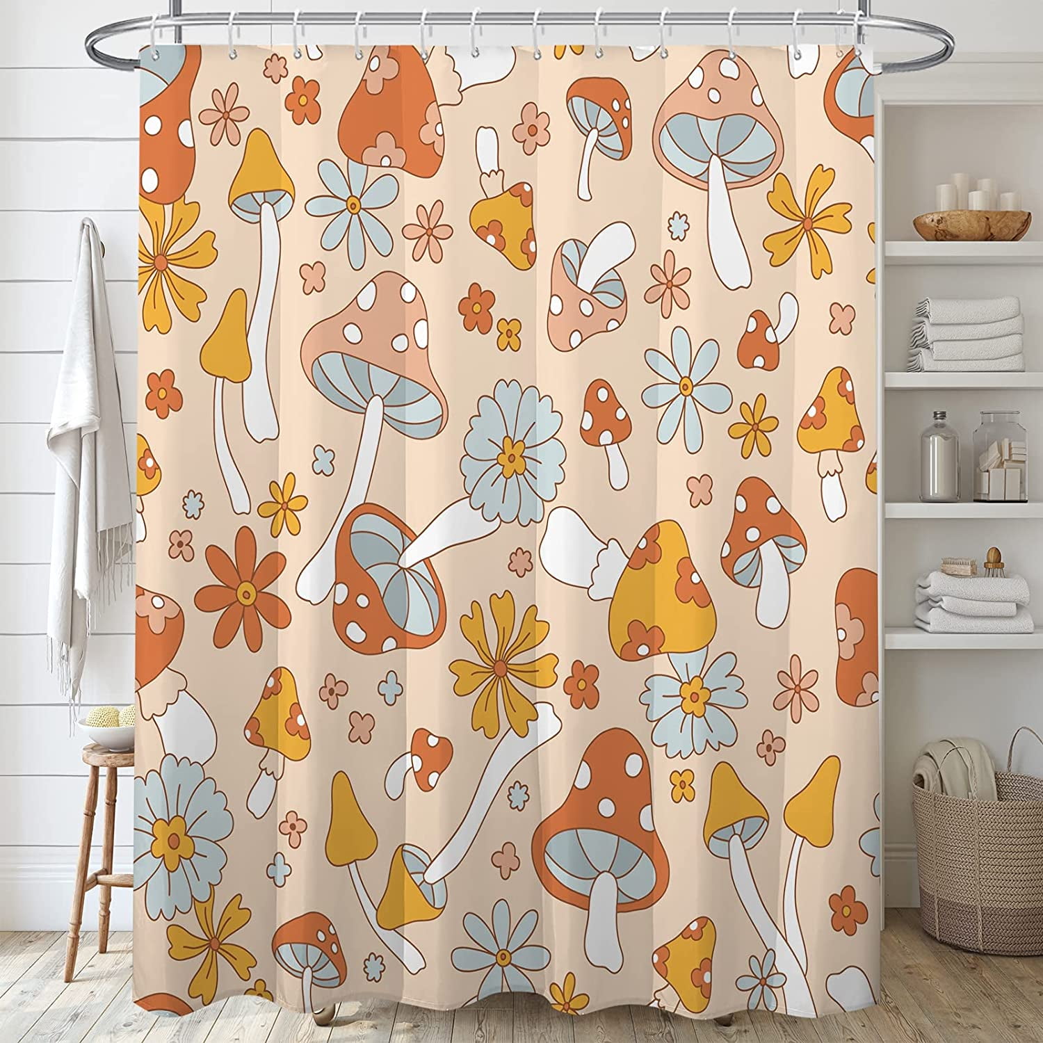 Cute Mushroom Shower Curtain,Boho Floral Shower Curtains Set for