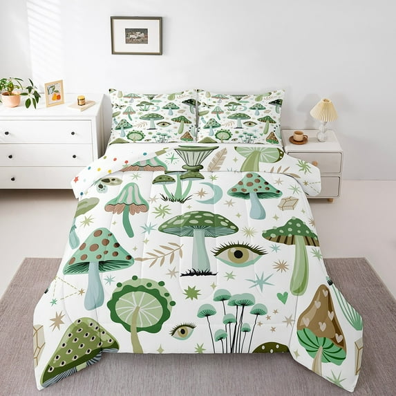 Cute Mushroom Twin Comforter Set, Kawaii Leaves Botanical Print Bed Set For Bedroom, Cartoon Fungus Plant Soft Down Comforter For Teens, Eyes Moon Microfiber Quilt Set