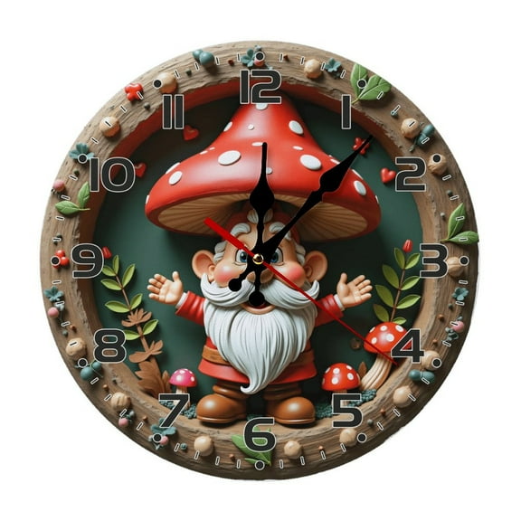 Cute Mushroom Wall Clock 10 Inch Silent Non Ticking Round Wooden Clock Decoration for Living Room Kitchen Bedroom Bathroom Office Classroom