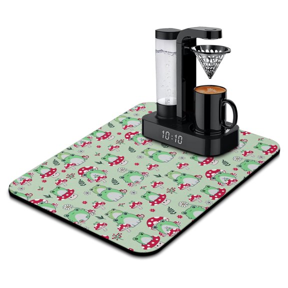 Cute Mushroom and Frog Coffee Maker Mat - Absorbent Non-Slip Mat for Coffee Station, Nature-Inspired