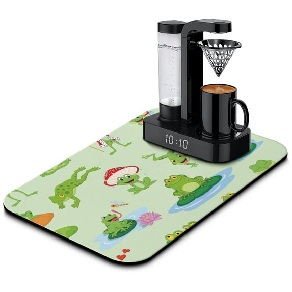 Cute Mushroom and Frog Coffee Maker Mat - Absorbent Non-Slip Mat for Coffee Station, Nature-Inspired