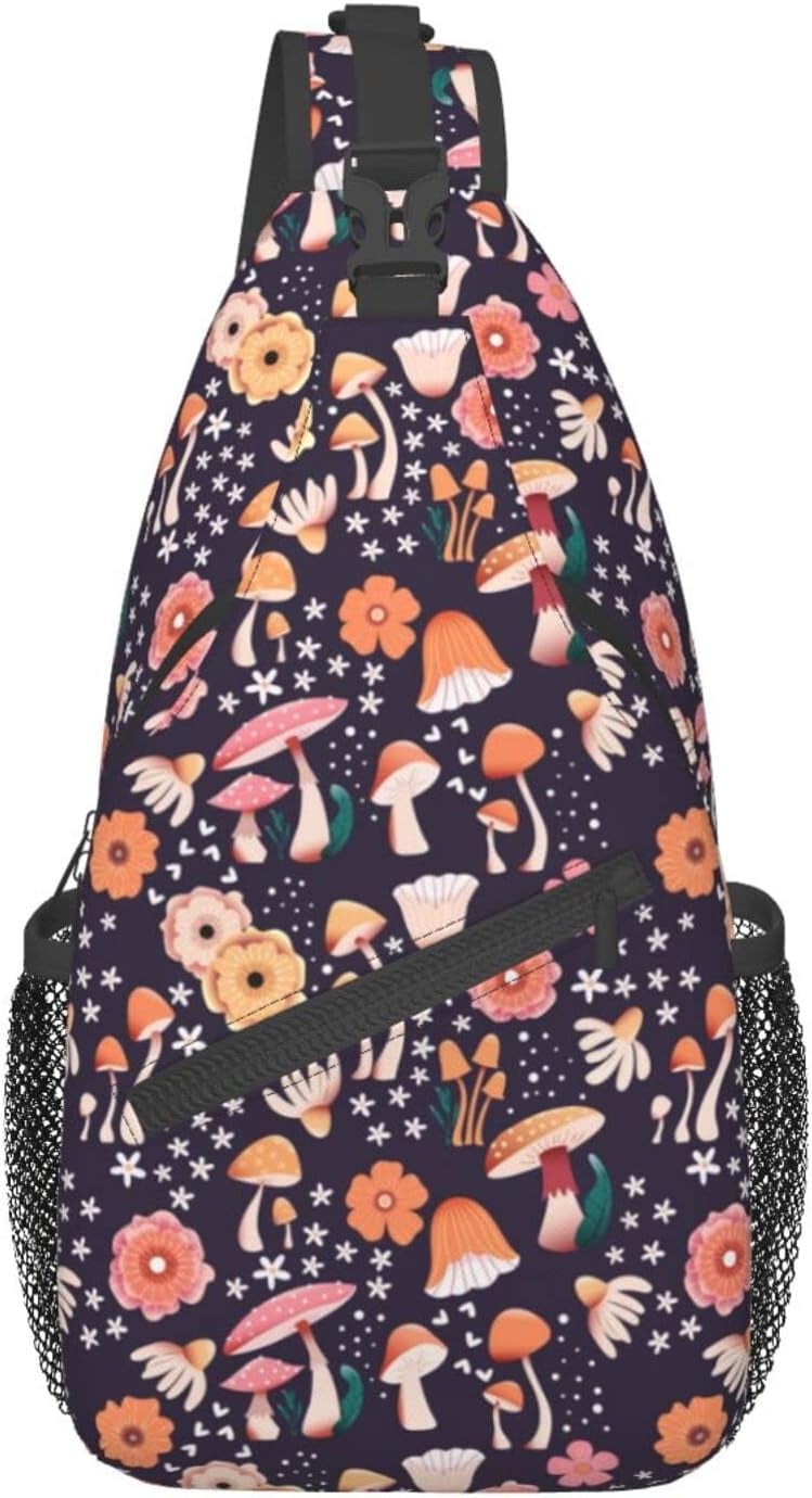 Cute Mushroom with Flower Sling Bag Crossbody Hiking Travel Chest Bags Backpack Shoulder Daypack for Women Men