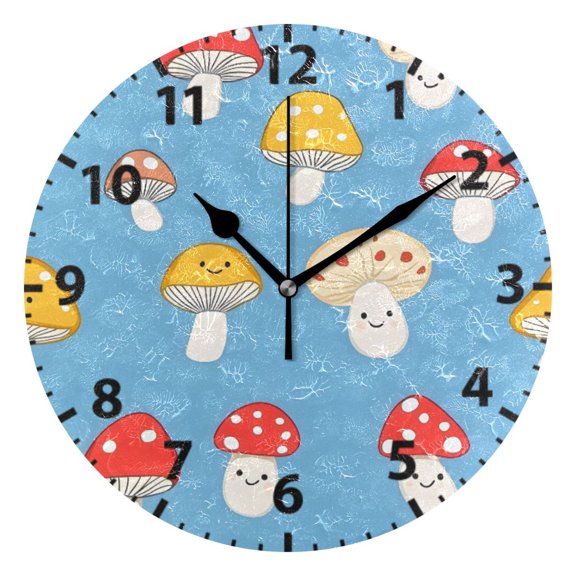 Cute Mushrooms Pattern Wall Clock 10in Round Artistic Oil Painting Home Decor Desk Table Clock