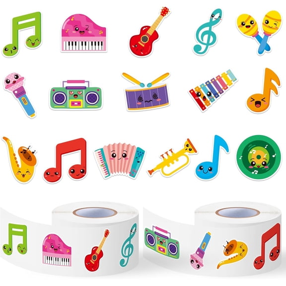 Cute Music Sticker Rolls - 1000Pcs Music Notes Guitar Piano Microphone Stickers for Kid Adult, Cartoon Waterproof Self-Adhesive Decorative Decals for School Rewards Laptop Skateboard Home Decor