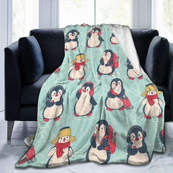 Cute Musical Penguin Pattern Throw Blanket Soft Lightweight Cozy Premium Flannel Warm Bed Blanket for Bedroom Living Couch All Seasons 50"X40"