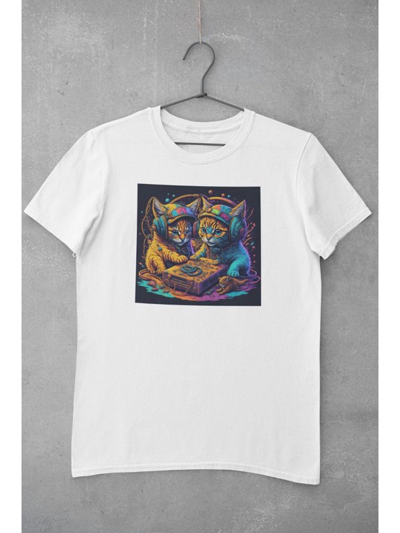 Cute Musical Retro Dj Cats Printed Cotton Men's Unisex T-Shirt Top Tee
