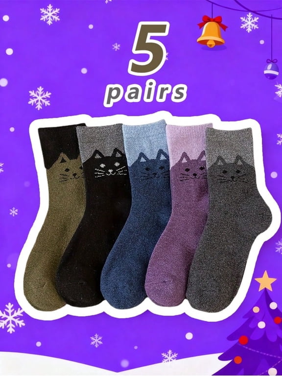 Cute Must-Have Item 5 Pairs Of Whimsical Cartoon Cat Printed Socks - Comfortable, And Warm Knit Fabric Suitable For Women - Hand Washed Or Dry Cleaned, Animal Pattern