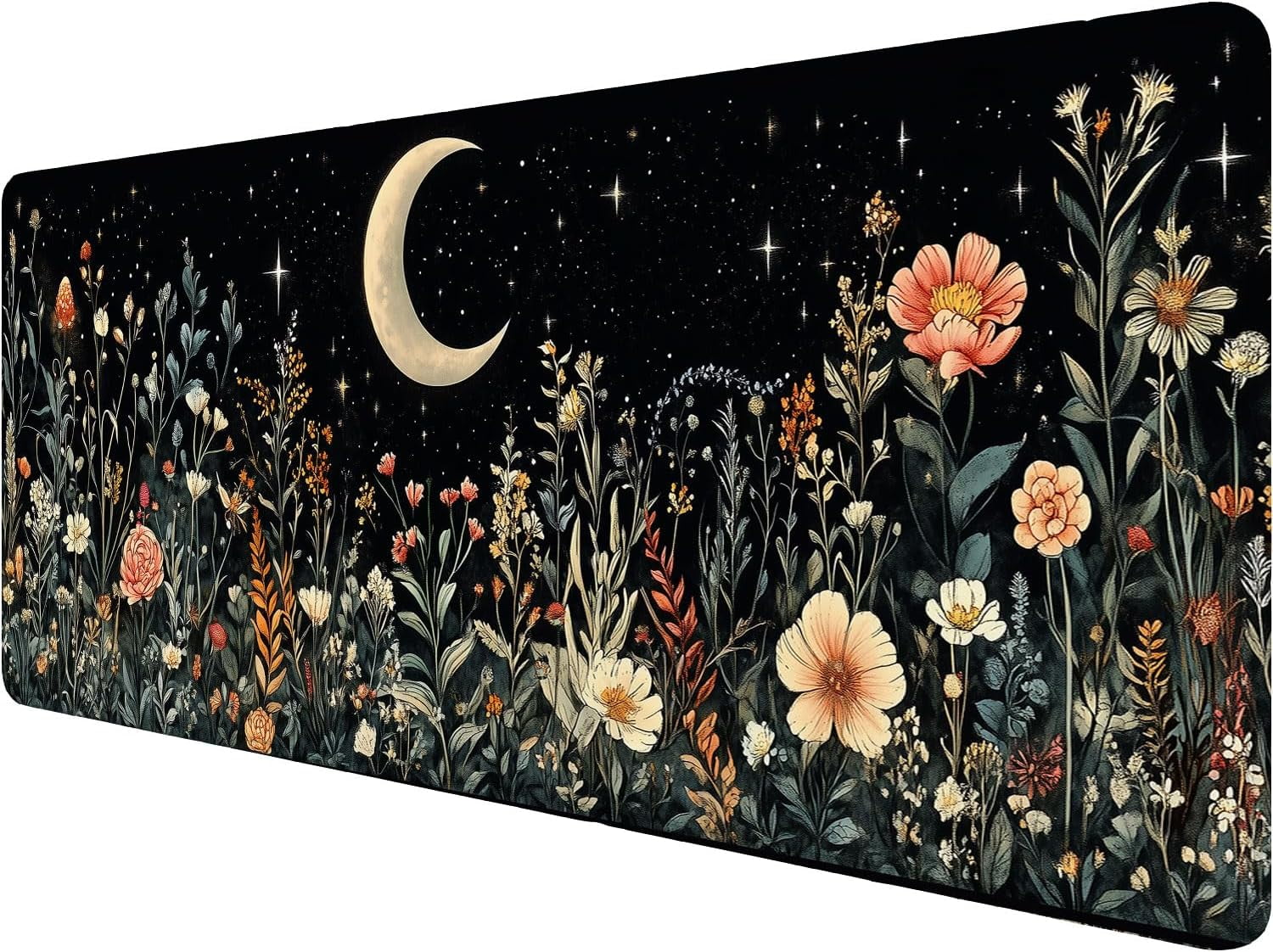Cute Mystical Plants Desk Pad Whimsical Moon Stars Extended Gaming Mouse Mat with Stitched Edge Non-Slip Base - Big Office Computer Keyboard Laptop Home - 31.5"x11.8"