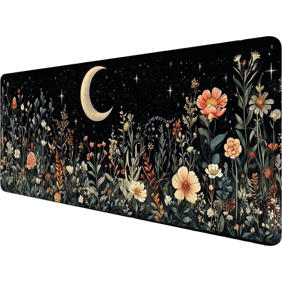 Cute Mystical Plants Desk Pad Whimsical Moon Stars Extended Gaming Mouse Mat with Stitched Edge Non-Slip Base - Big Office Computer Keyboard Laptop Home - 31.5"x11.8"
