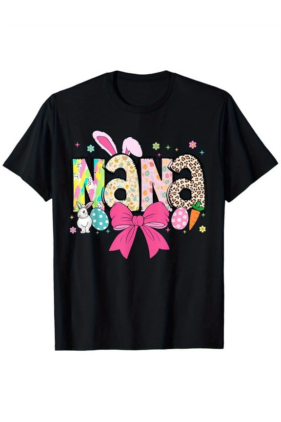 Cute Nana Easter T-Shirt, Fun Bunny Ears & Eggs with Leopard Print, Colorful Spring Grandparent Gift Apparel