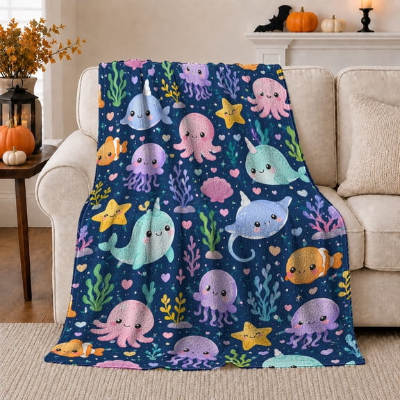 Cute Narwhal Flannel Blanket, Kawaii Jellyfish Starfish Clownfish Heart Coral Pattern for Sofa Couch Bed Kids Room Home Decor Birthday Gift Ocean Playful Room Accent