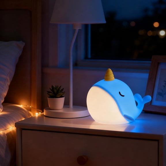 Cute Narwhal Night Light Lamp, 7 Colors Touchable Squishy LED Light, USB Rechargeable Silicone Nursery Whale Night Lamp for Room Decor Birthday Gift for Toddler Women Adult