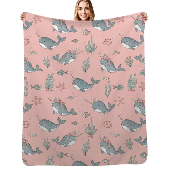 Cute Narwhal Sea Life Pattern Flannel Blankets Soft Warm Throw Blanket Autumn Camping Bedroom Aesthetic Bedspread