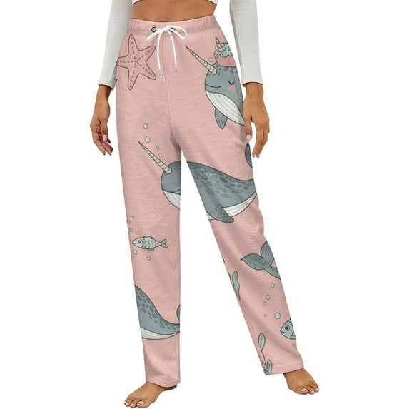 Cute Narwhal Sea Life Pattern Winter Female Pants Flannel High Waist Women Pants Lady Warm Straight Leg Plush Trousers