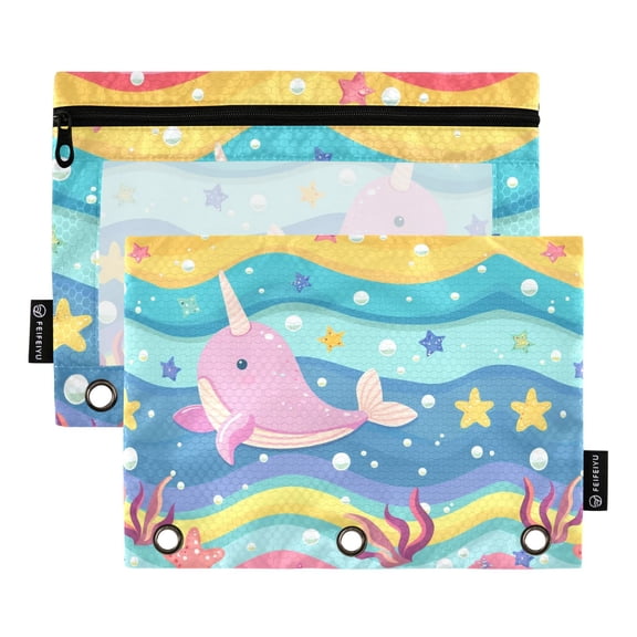 Cute Narwhal Whale 2 Pack Pencil Pouch for 3 Ring Binder Smooth Zipper Folders with Pockets Clear Window Pencil Case
