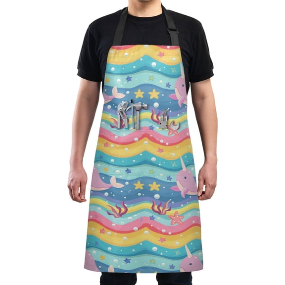Cute Narwhal Whale Kitchen Apron with 2 Pockets Adjustable waterproof Cooking Aprons for Women Men Chef