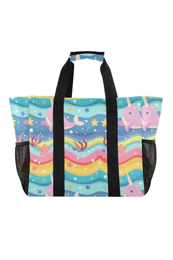 Cute Narwhal Whale Reusable Grocery Bags with Handle Side Pocket Waterproof Shopping Portable Tote