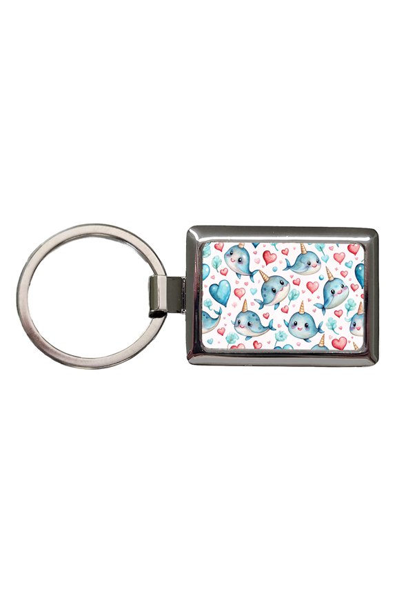 Cute Narwhals Hearts Watercolor Metal Rectangle Keychain