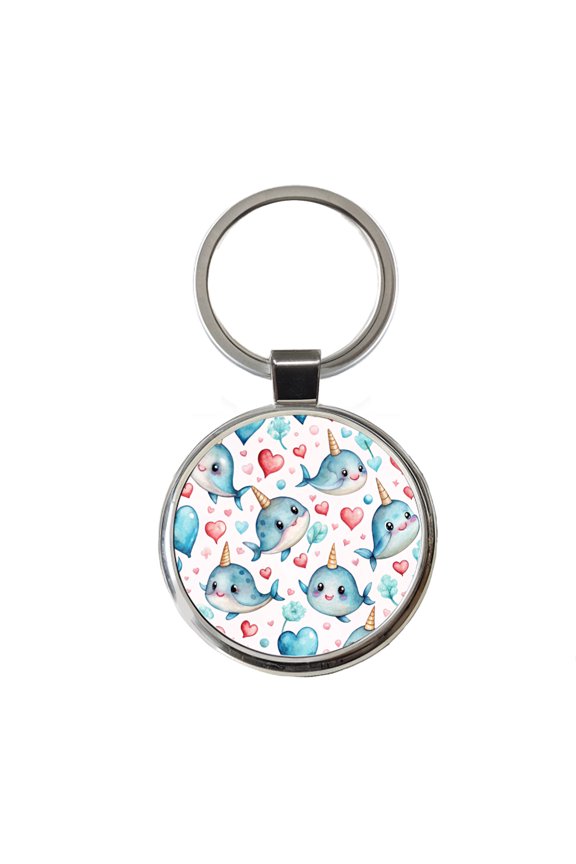 Cute Narwhals Hearts Watercolor Metal Round Keychain