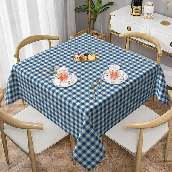 Cute Navy Blue Gingham Plaid 100% Polyester Fiber Square Tablecloth Anti Pilling Tablecloth Decoration 60"X60"
