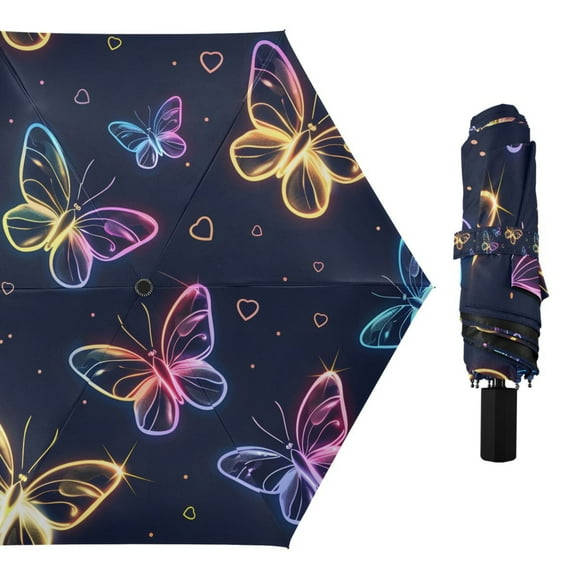 Cute Neon Butterflies Compact Sun Umbrella Windproof Travel Umbrellas for Rain Strong Portable UV Protection