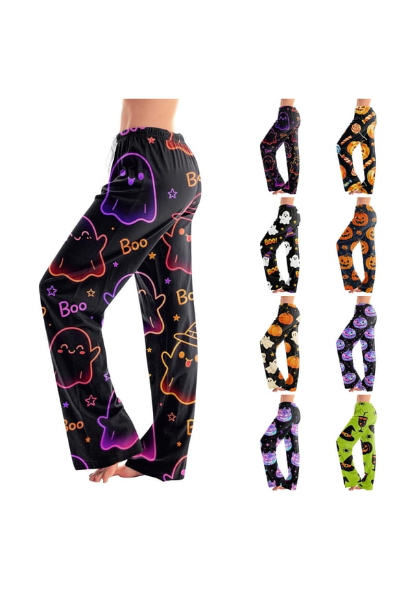 Cute Neon Ghost Boo Print Halloween Womens Pajama Pants Elastic Waist Loose Sleep Bottoms Pink 2XL