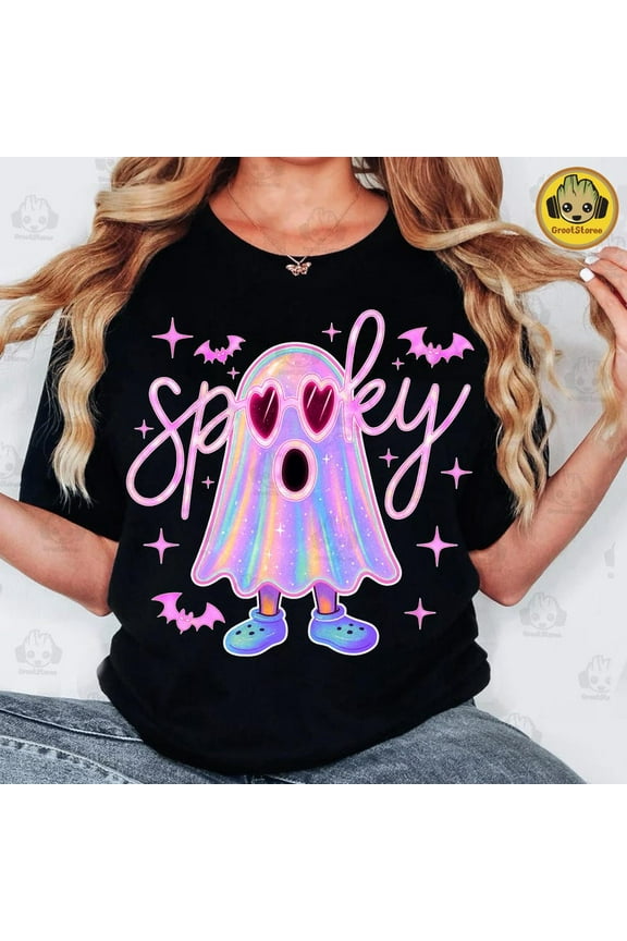 Cute Neon Spooky Ghost T-Shirt, Retro Iridescent Boo Halloween Tee, Girly Disco Ghost Shirt, Trendy Bright Fall Aesthetic Graphic