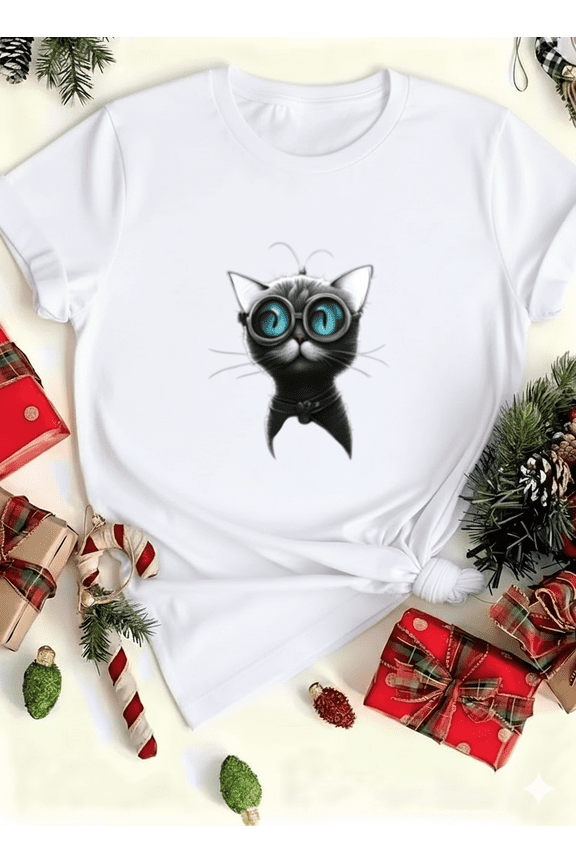 Cute Nerd Cat Quirky Feline Humor Fun Geeky Style Unisex T-Shirt up to size 5XL