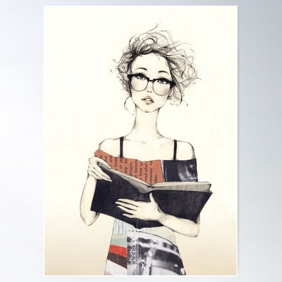 Cute Nerdy Girl Wearing Glasses And Reading A Book Poster Wall Art, Modern Wall Decor For Living Room Bedroom, 16x24 UNFRAMED