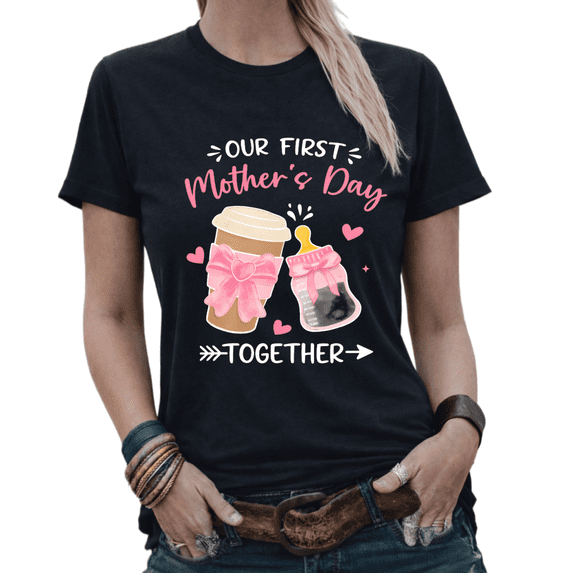Cute New Mom 2026 Mother's Day Together Graphic Tees Womans T-shirt Black/White S-5XL