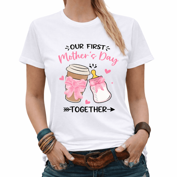 Cute New Mom 2026 Mother's Day Together Graphic Tees Womans T-shirt Black/White S-5XL